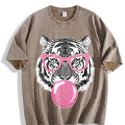 Tiger & Bubble Gum Long Sleeve Pullover vintage washed oversized T-shirt in Brown