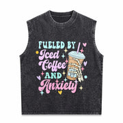 Fueled by Iced Coffee and Anxiety Coffee Lover Vintage Washed Tank Top in Black