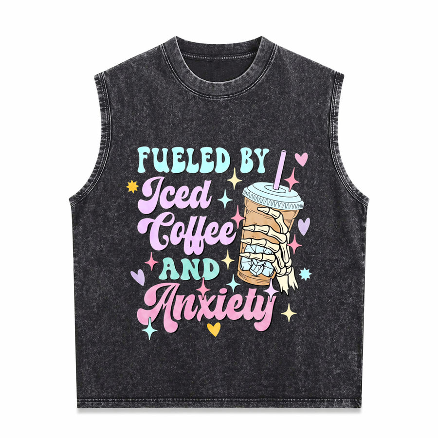 Fueled by Iced Coffee and Anxiety Coffee Lover Vintage Washed Tank Top in Black