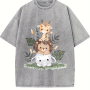 Giraffe Lion Vintage Washed T-Shirt in Gray