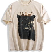 Black Wild Leopard with Crown 90s Vintage Washed T-Shirt in Beige