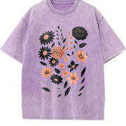 Pressed Flowers Botanical Floral Vintage Washed T-Shirt in Purple