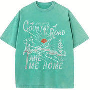 Country Roads Take Me Home Mountain Scene vintage washed oversized T-shirt in Blue