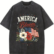 America Bloom Patriotic Floral Flag 4th of July Flowers Vintage Washed T-Shirt in Black