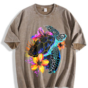 Sea Turtle Hawaiian Flowers Hawaii Scuba Diving Diver vintage washed oversized T-shirt in Brown