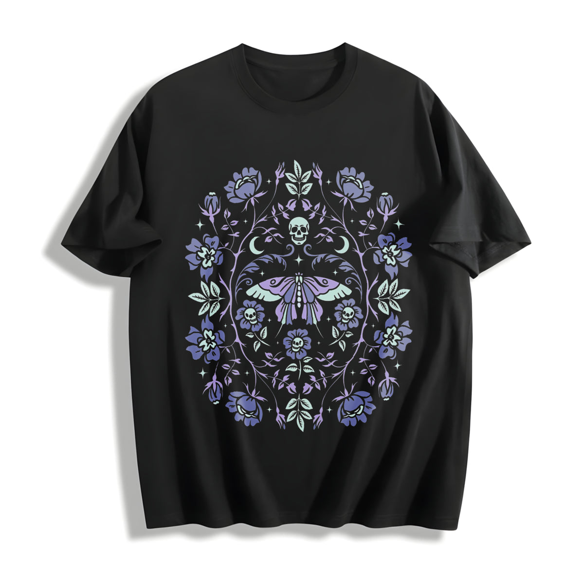 Gothic Garden Dark Academia Floral Skull Creepy Cute Cotton T-Shirt in Black