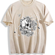 Floral Skull Vintage Washed T-Shirt in Beige