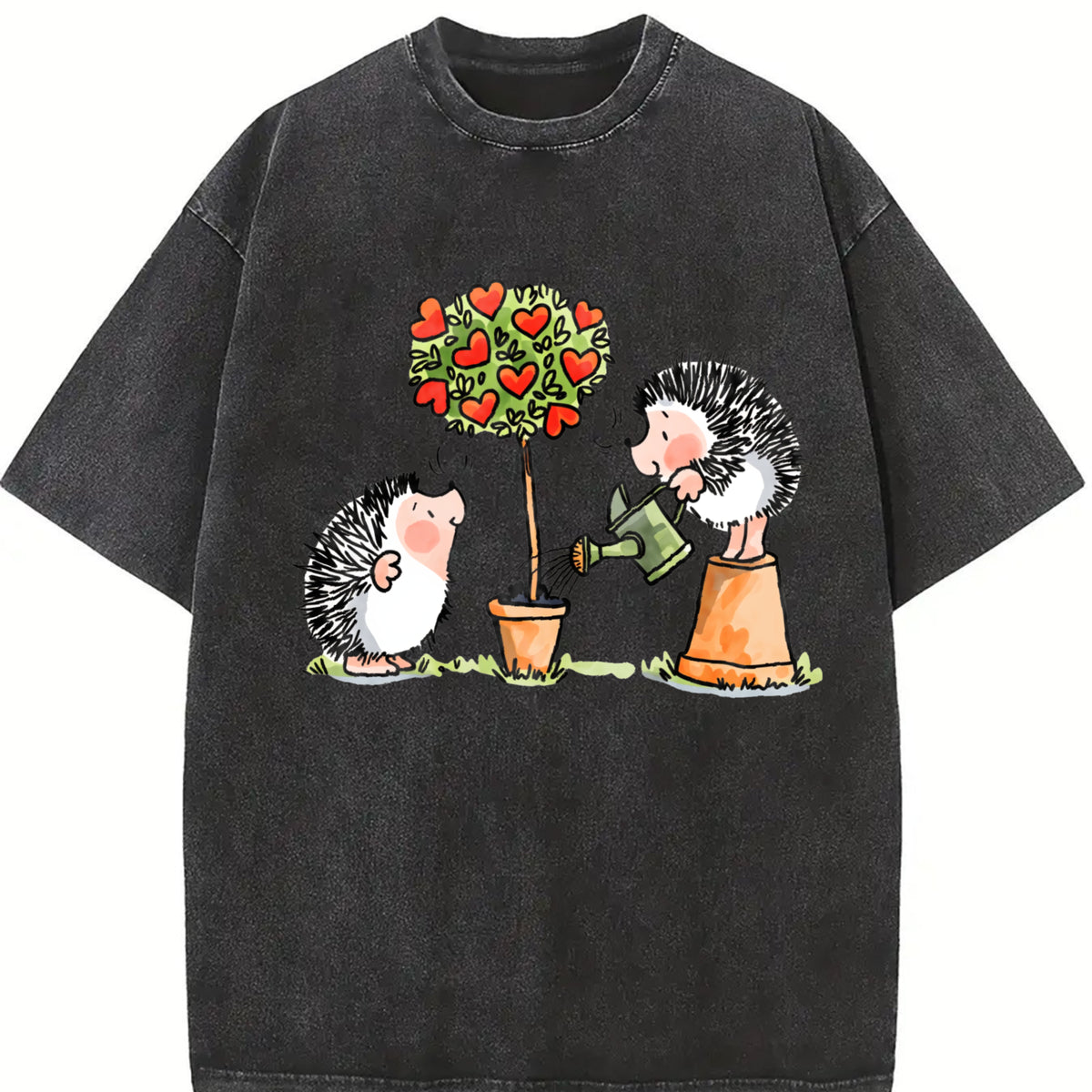 Hedgehog & Hearts with Hedgehog Love Vintage Washed T-Shirt in Black