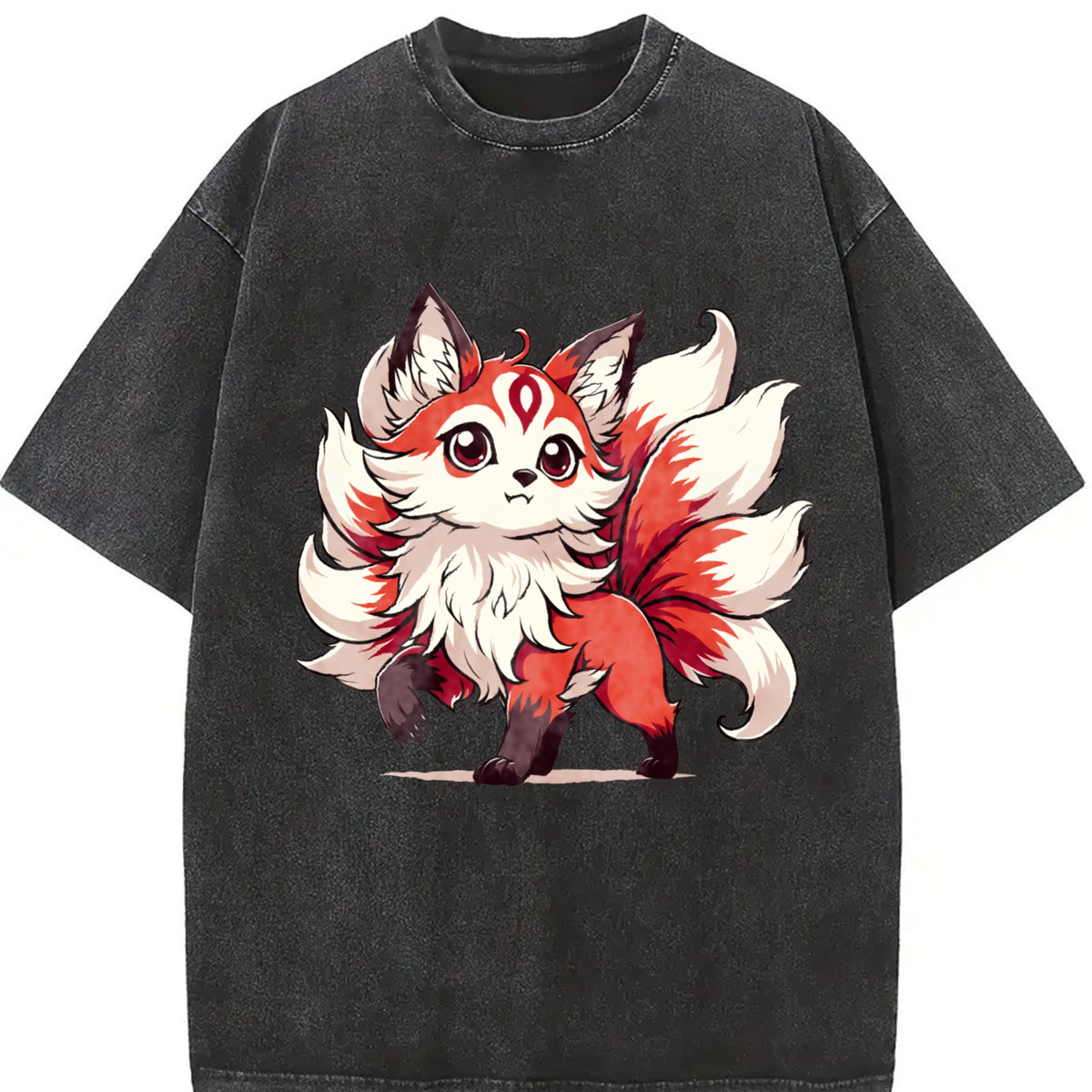 A Red and White Nine-tailed Fox Round-neck Short-sleeve Vintage Washed T-Shirt in Black