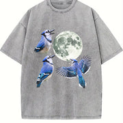Blue Jay Moon 90s Retro Celestial Bird Watcher Vintage Washed T-Shirt in Gray