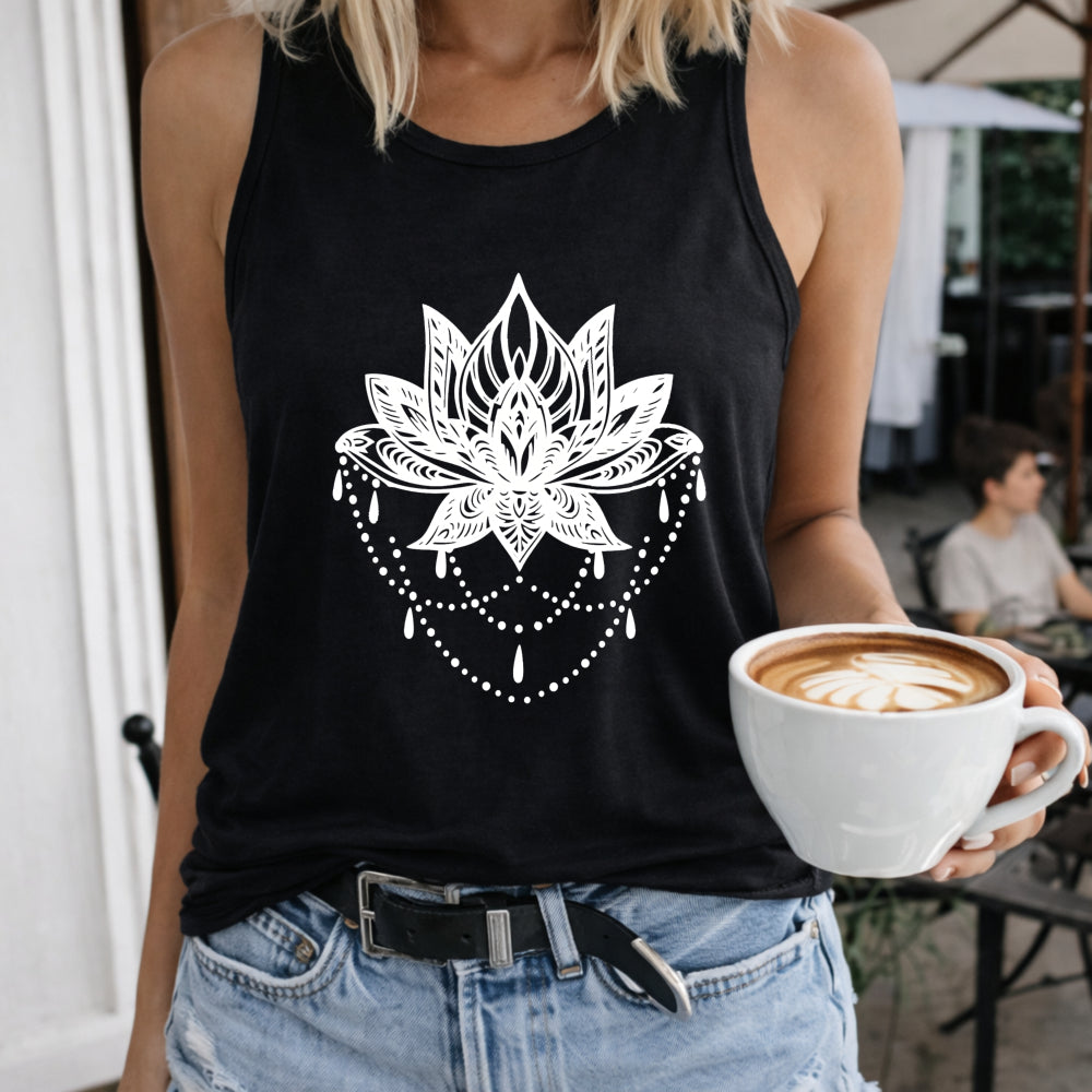 Lotus and Feathers Women's Color Cotton Tank Top in Black