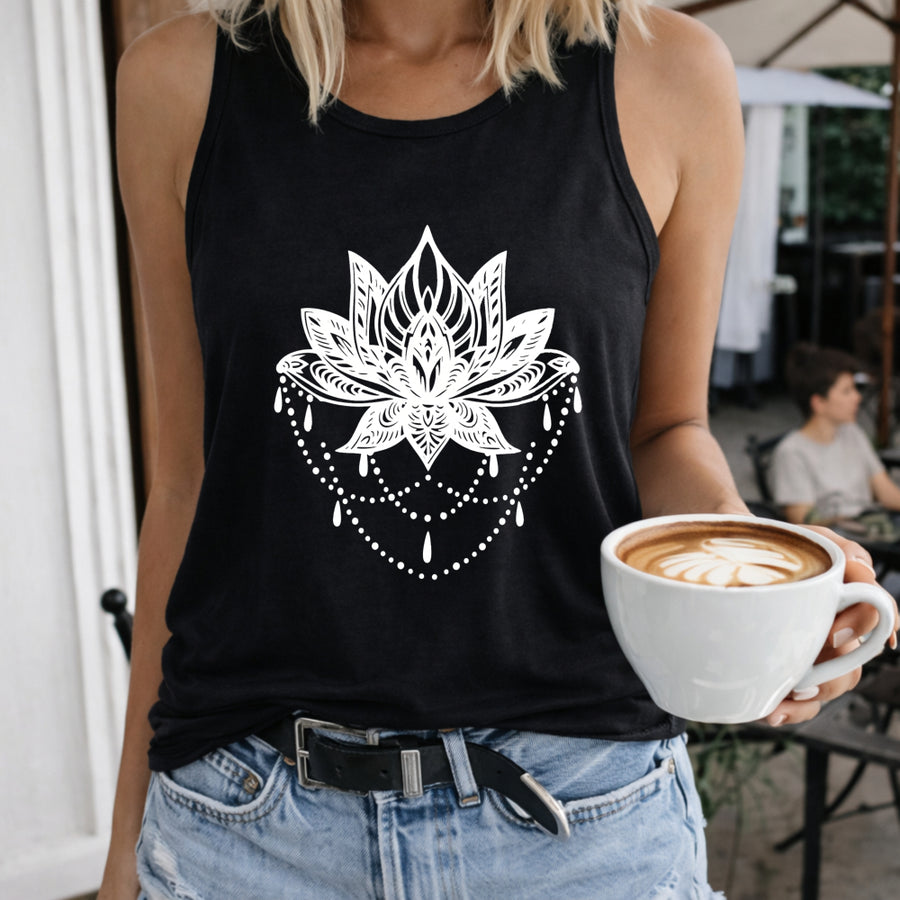 Lotus and Feathers Women's Color Cotton Tank Top in Black