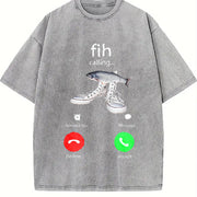 Fish Calling Phone Meme Vintage Washed T-Shirt in Gray