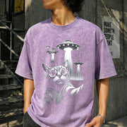 UFO Cat Retro Space Alien Vintage Washed T-Shirt in Purple