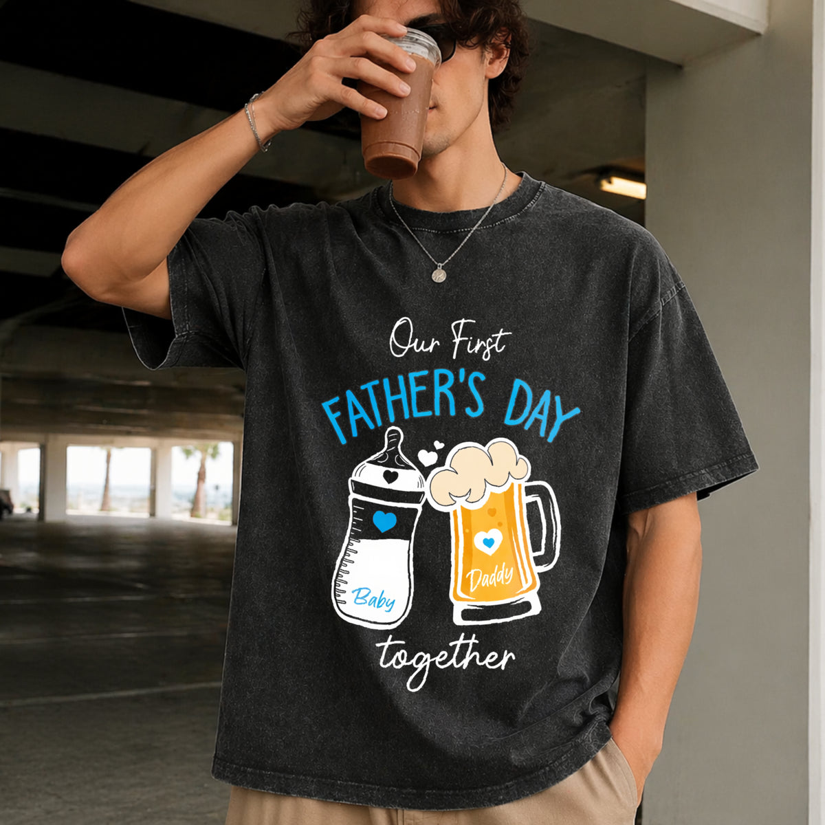 1st Fathers Day Father and Baby Our First Father's Day Vintage Washed T-Shirt in Black