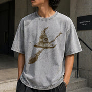 Witchy Celestial 90s Retro Witch Hat Broom Vintage Washed T-Shirt in Gray