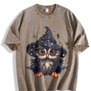 Autumn a Cartoon- Owl from the Early Days Vintage Washed T-Shirt in Brown