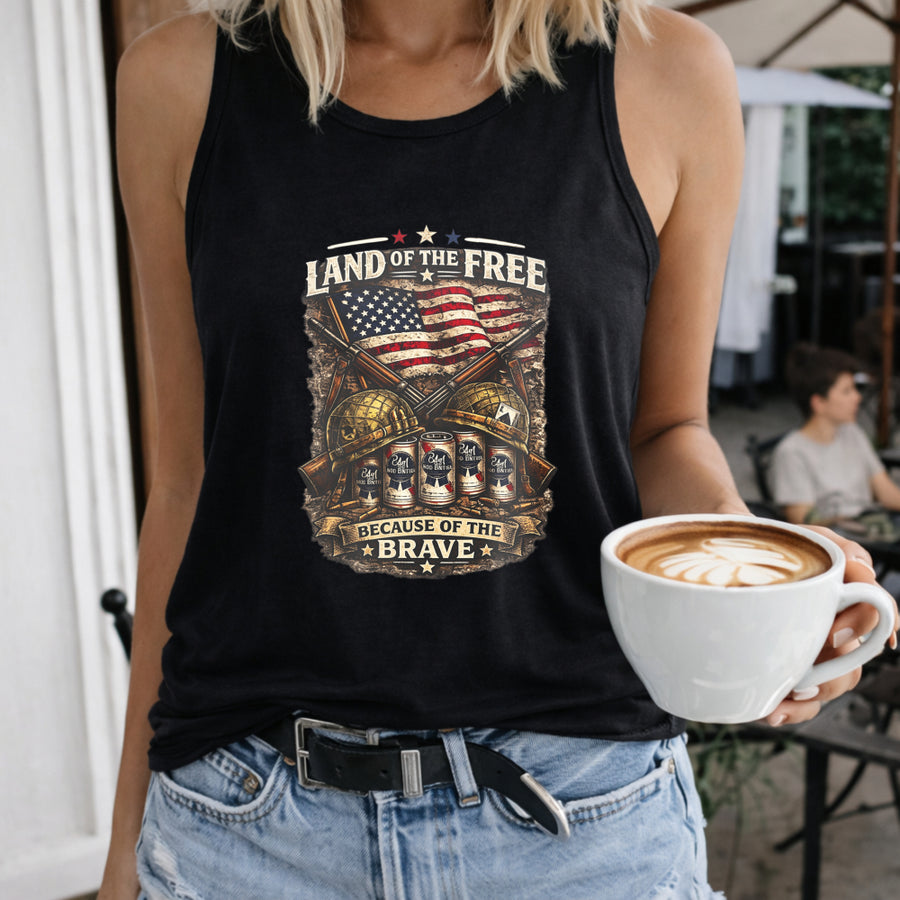 Land of the Free Because of the Brave Women's Color Cotton Tank Top in Black