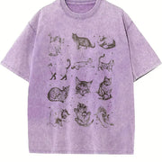 Cats Retro 90s Tattoo Vintage Washed T-Shirt in Purple
