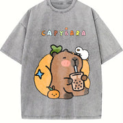Capybara Bubble Tea Vintage Washed T-Shirt in Gray