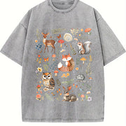 With Forest Animals and Flowers Vintage Washed T-Shirt in Gray
