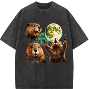 Beaver Moon Retro Vintage Washed T-Shirt in Black