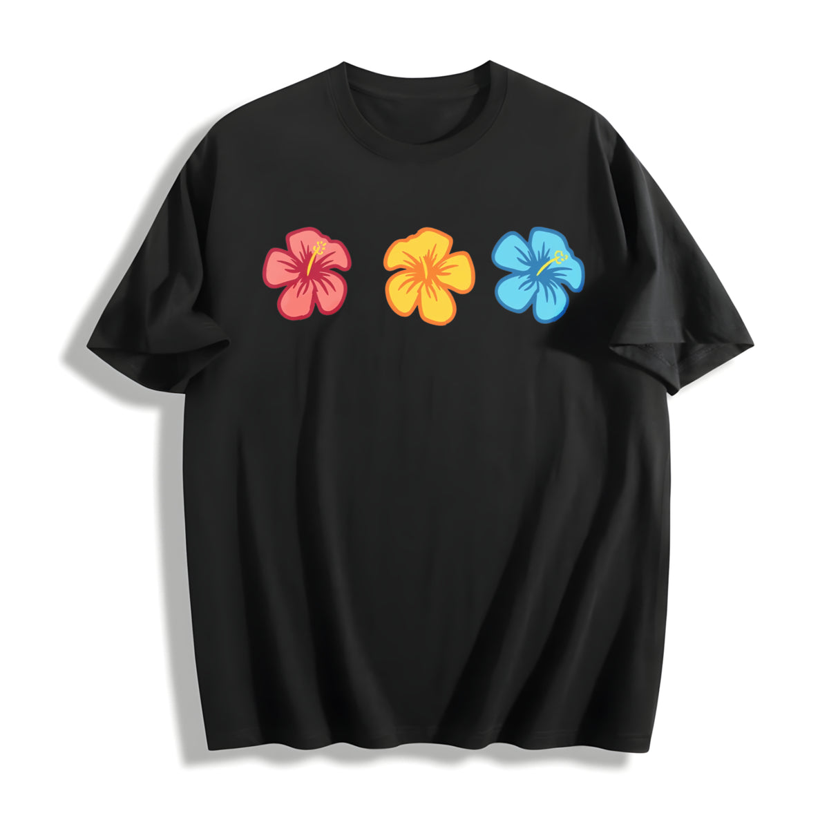 Embroidered Hibiscus Cotton T-Shirt in Black