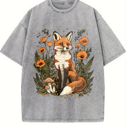 Autumn Fox and Falling Leaves Vintage Washed T-Shirt in Gray