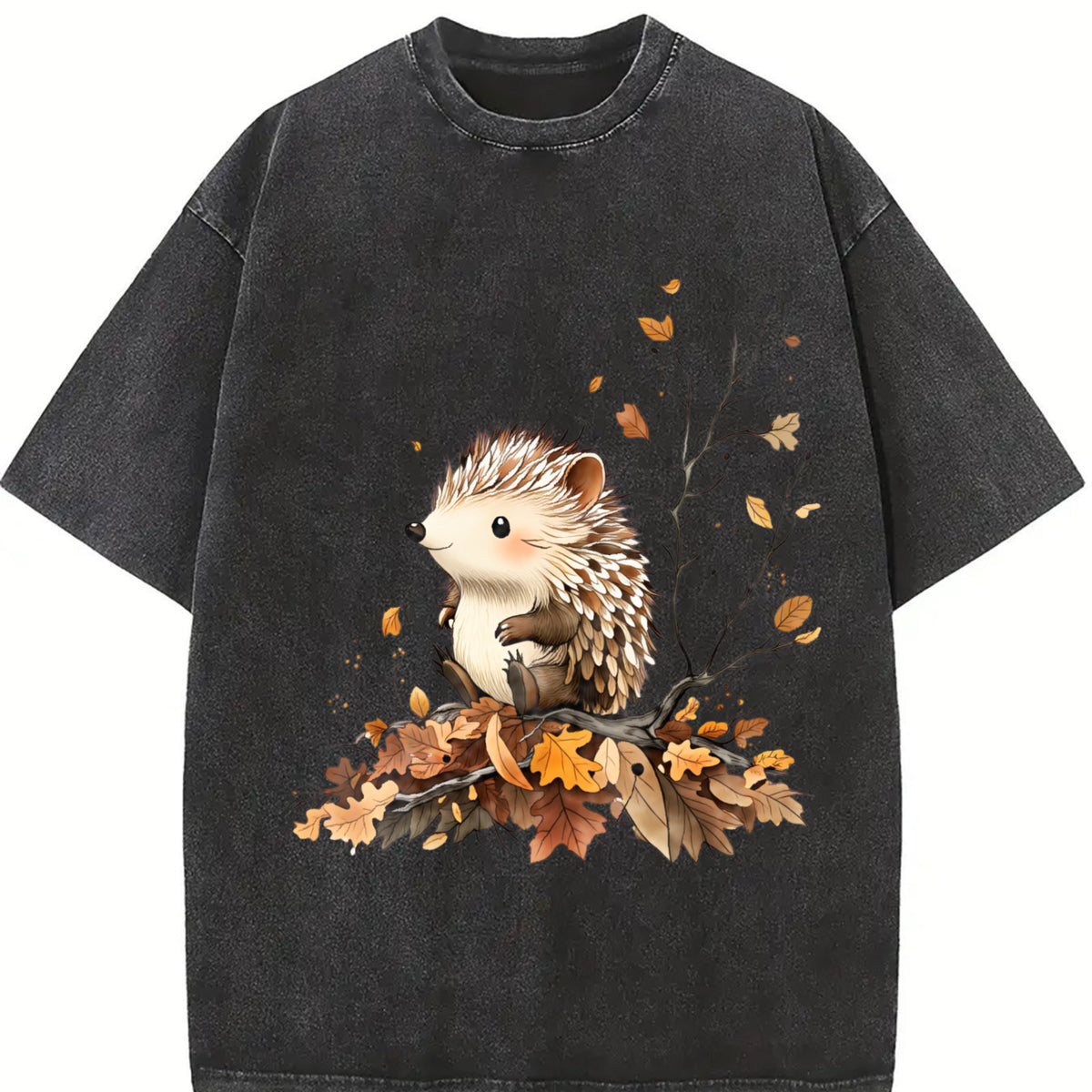 Little Hedgehog Vintage Washed T-Shirt in Black