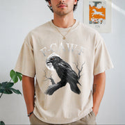 Black Crow F-caw-f Black Bird Moon Gothic Adult Humor Vintage Washed T-Shirt in Beige