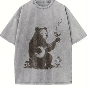 Banjo Bear Bird Retro Folk Music Animal Vintage Washed T-Shirt in Gray