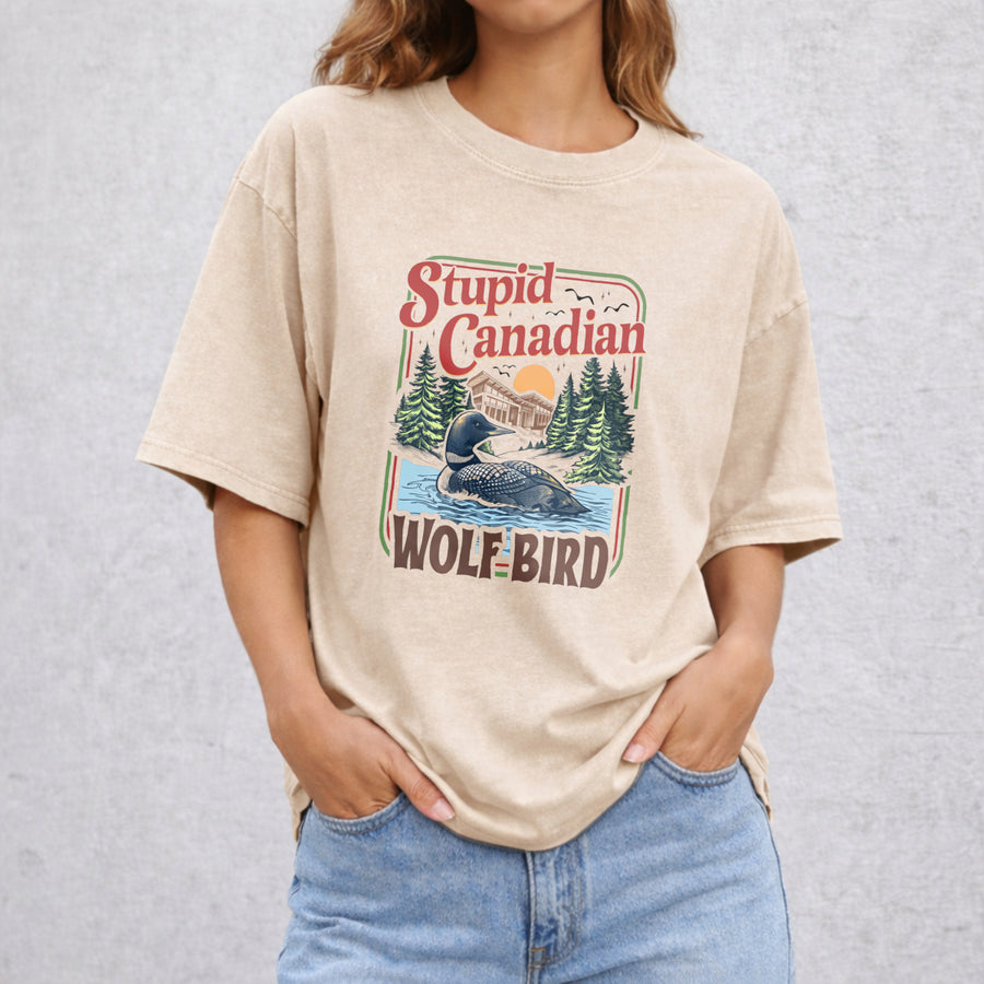 Stupid Canadian Wolf Bird vintage washed oversized T-shirt in Beige