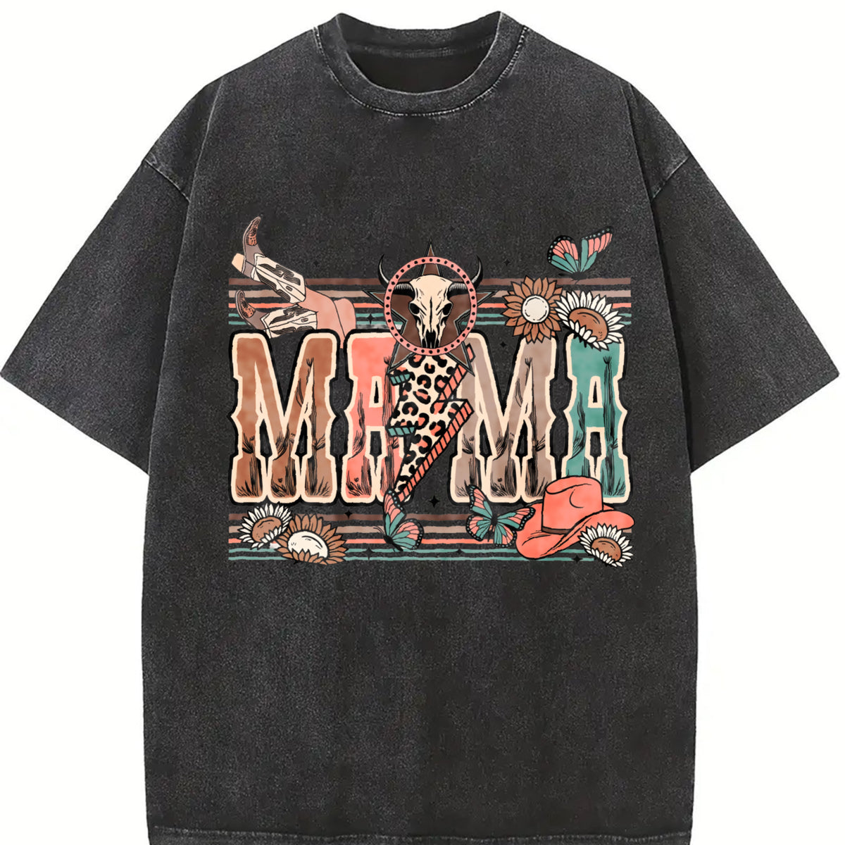 Western Mama Howdy Cowhide Vintage Washed T-Shirt in Black