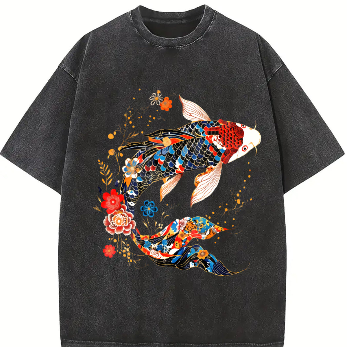 Koi Fish Theme Loose Versatile Trend Pure Vintage Washed T-Shirt in Black