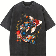 Koi Fish Theme Loose Versatile Trend Pure Vintage Washed T-Shirt in Black