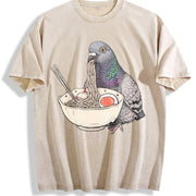 Pigeon Ramen Retro Pigeon Eating Noodles Vintage Washed T-Shirt in Beige