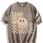 Smiling Flower Checkered Retro Vintage Washed T-Shirt in Brown