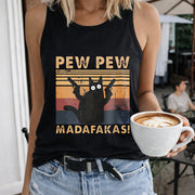 Pew Cat Sunset Crew-neck Sleeveless Vest Outdoor Women's Color Cotton Tank Top in Black