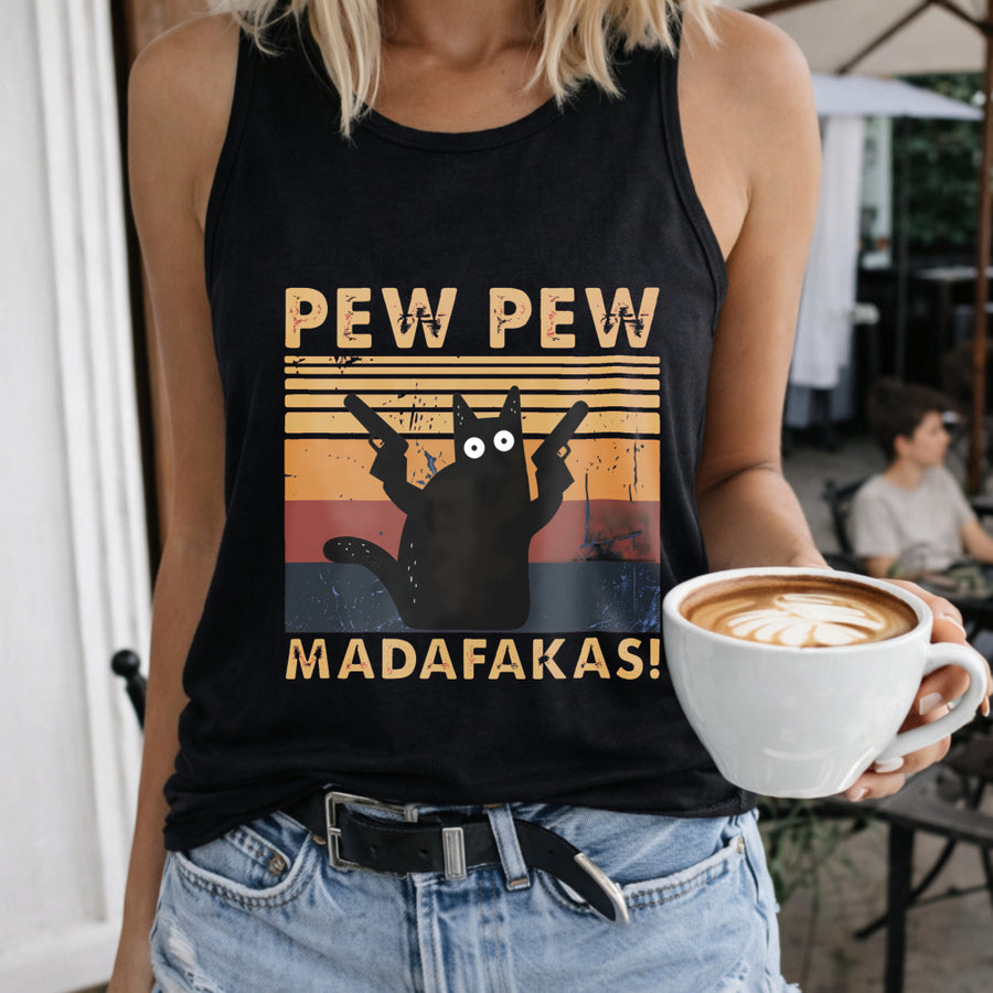Pew Cat Sunset Crew-neck Sleeveless Vest Outdoor Women's Color Cotton Tank Top in Black