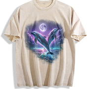 Two Dolfins Moon Ocean Mystical Dolfin Vintage Washed T-Shirt in Beige
