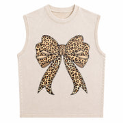Coquette Bow Leopard for Girly Vintage Washed Tank Top in Beige