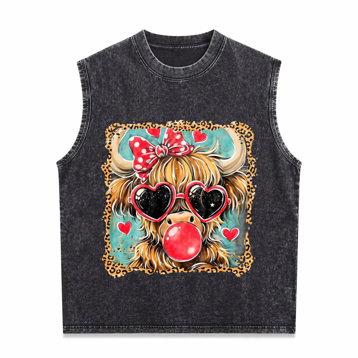 Highland Cow Valentine Coquette Valentine Heart Leopard Vintage Washed Tank Top in Black
