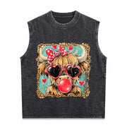 Highland Cow Valentine Coquette Valentine Heart Leopard Vintage Washed Tank Top in Black