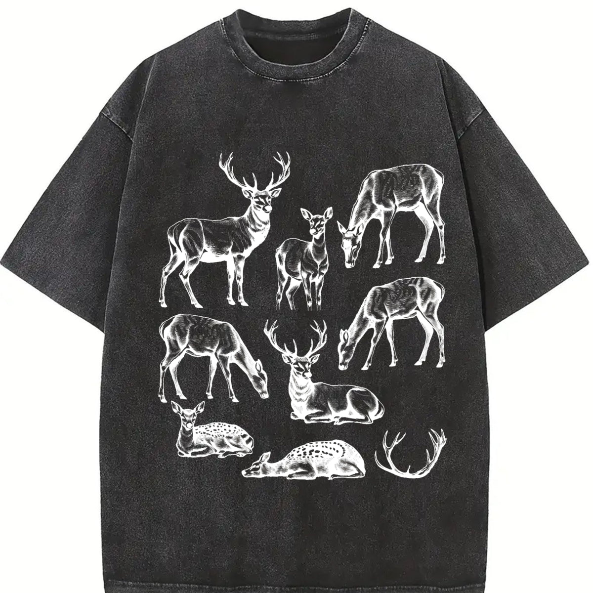 Deer 90s Tattoo Retro ® Y2k Buck Forest Animals Vintage Washed T-Shirt in Black