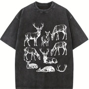 Deer 90s Tattoo Retro ® Y2k Buck Forest Animals Vintage Washed T-Shirt in Black
