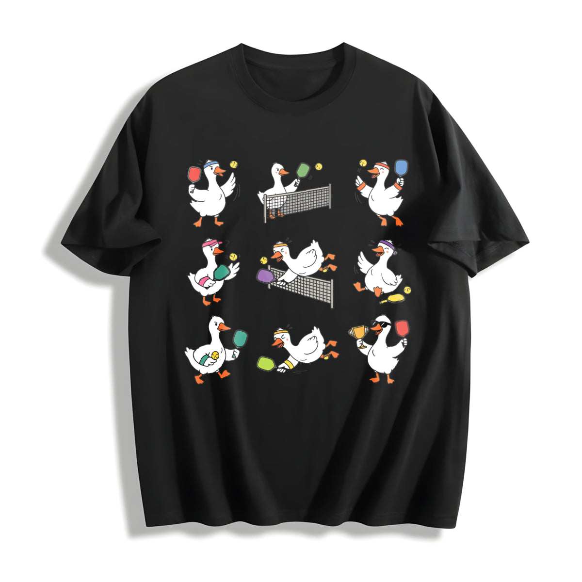 Goose Pickleball Geese Playing Pickleball for Team Cotton T-Shirt in Black