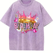 Birthday Queen Cartoon Spring/ Regular Length vintage washed oversized T-shirt in Purple