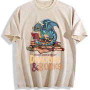 Blue Dragon Buried in Books Letter Vintage Washed T-Shirt in Beige