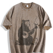 Banjo Bear Bird Retro Folk Music Animal Vintage Washed T-Shirt in Brown