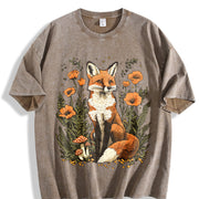 Autumn Fox and Falling Leaves Vintage Washed T-Shirt in Brown